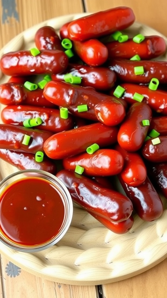 A delicious platter of barbecue little smokies garnished with green onions, served with extra barbecue sauce.